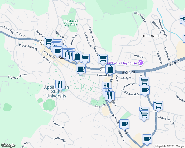 map of restaurants, bars, coffee shops, grocery stores, and more near 663 Howard Street in Boone