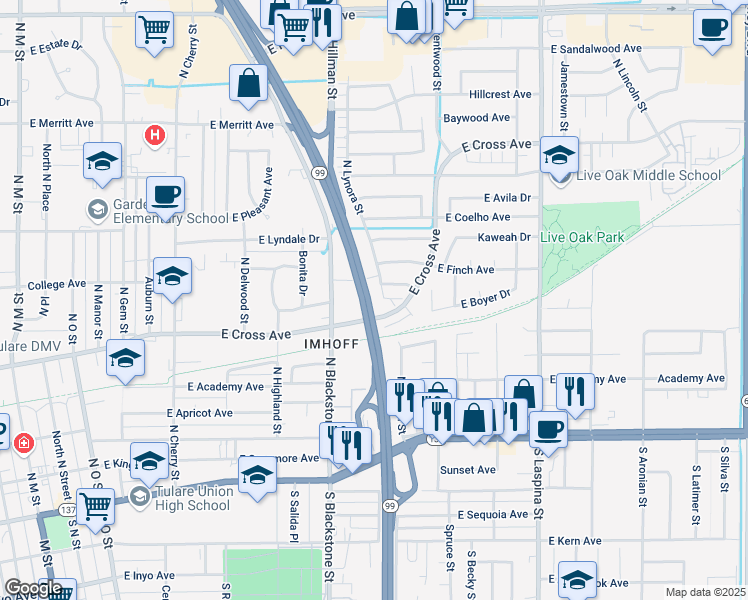 map of restaurants, bars, coffee shops, grocery stores, and more near 455 North Lynora Street in Tulare