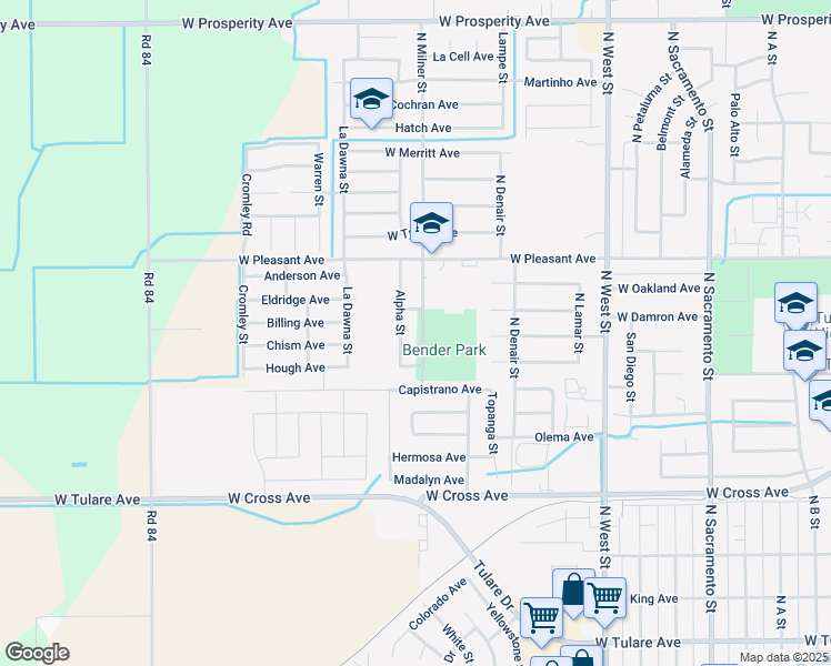 map of restaurants, bars, coffee shops, grocery stores, and more near 723 North Milner Street in Tulare