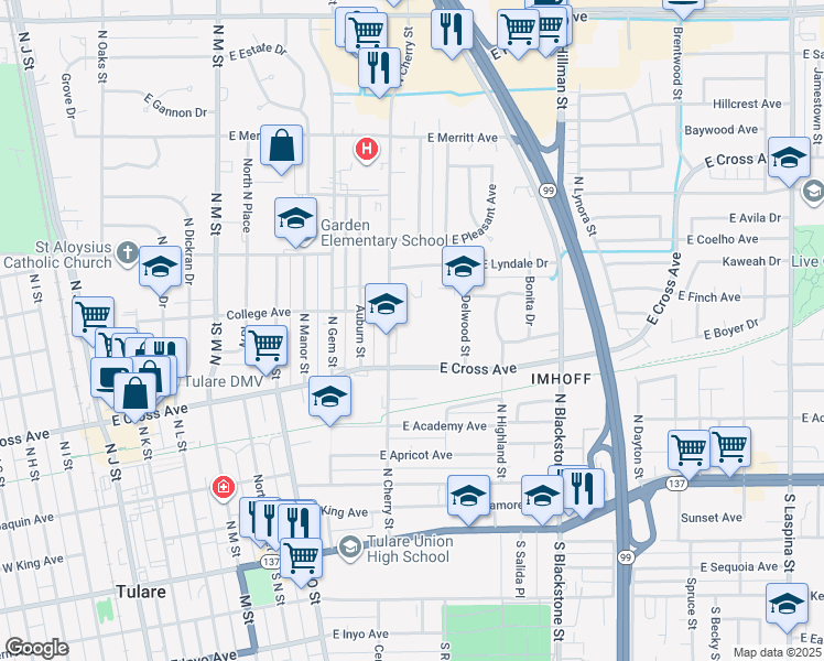 map of restaurants, bars, coffee shops, grocery stores, and more near 540 North Cherry Street in Tulare