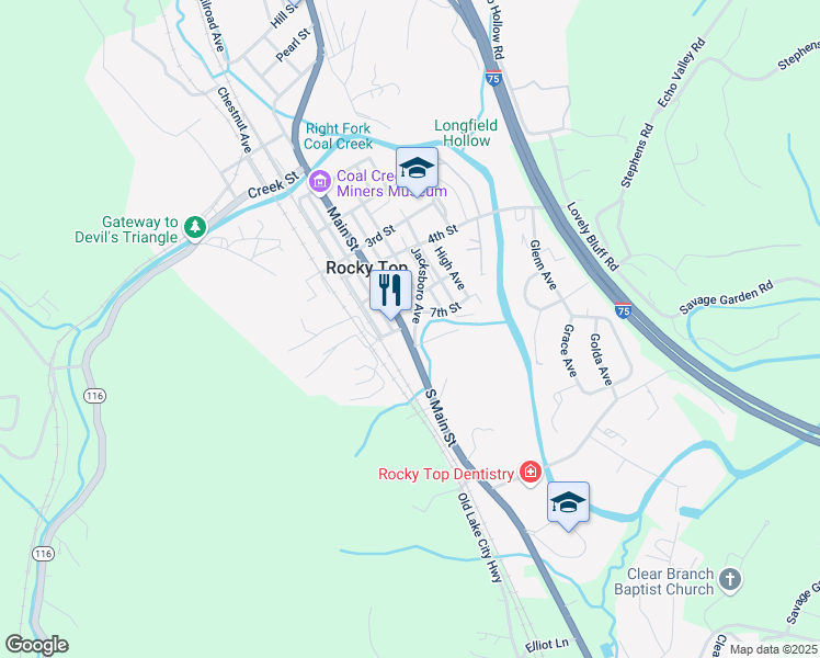 map of restaurants, bars, coffee shops, grocery stores, and more near 810 South Main Street in Rocky Top