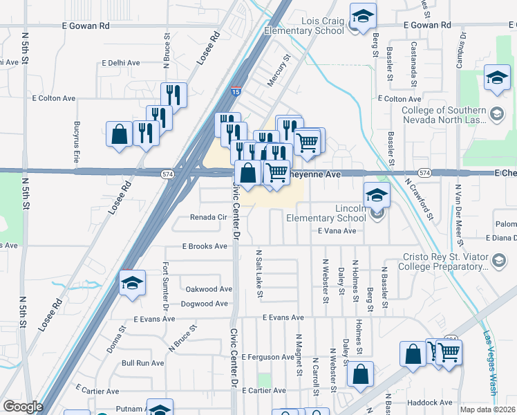 map of restaurants, bars, coffee shops, grocery stores, and more near 2200 Packard Place in North Las Vegas