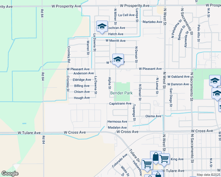 map of restaurants, bars, coffee shops, grocery stores, and more near 726 Alpha Street in Tulare
