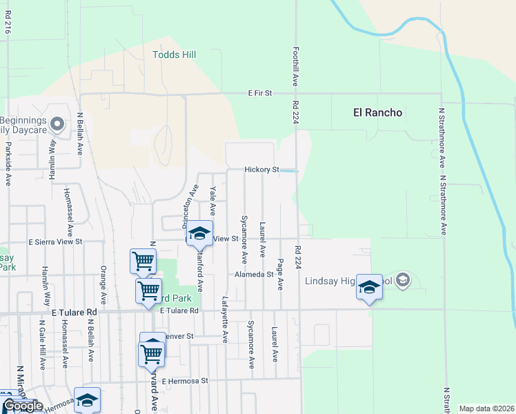 map of restaurants, bars, coffee shops, grocery stores, and more near 997 Laurel Avenue in Lindsay