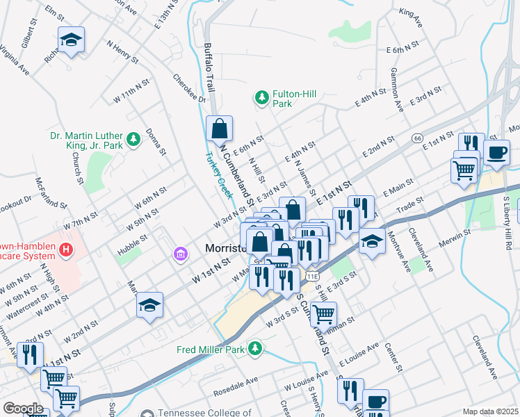 map of restaurants, bars, coffee shops, grocery stores, and more near 314 North Cumberland Street in Morristown