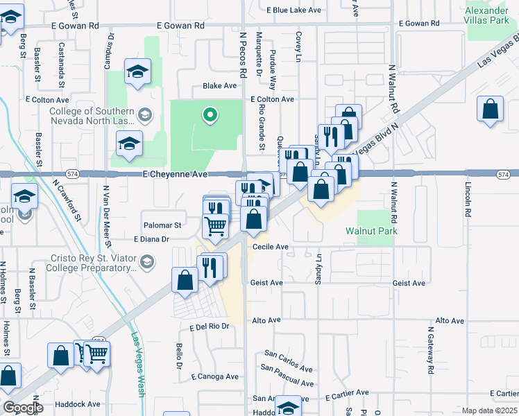 map of restaurants, bars, coffee shops, grocery stores, and more near 3115 North Pecos Road in Las Vegas