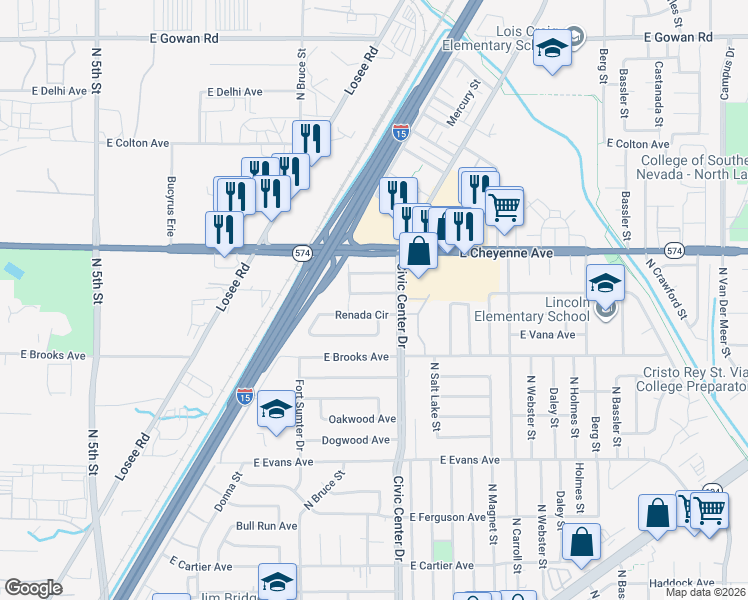 map of restaurants, bars, coffee shops, grocery stores, and more near 1617 Harewood Avenue in North Las Vegas