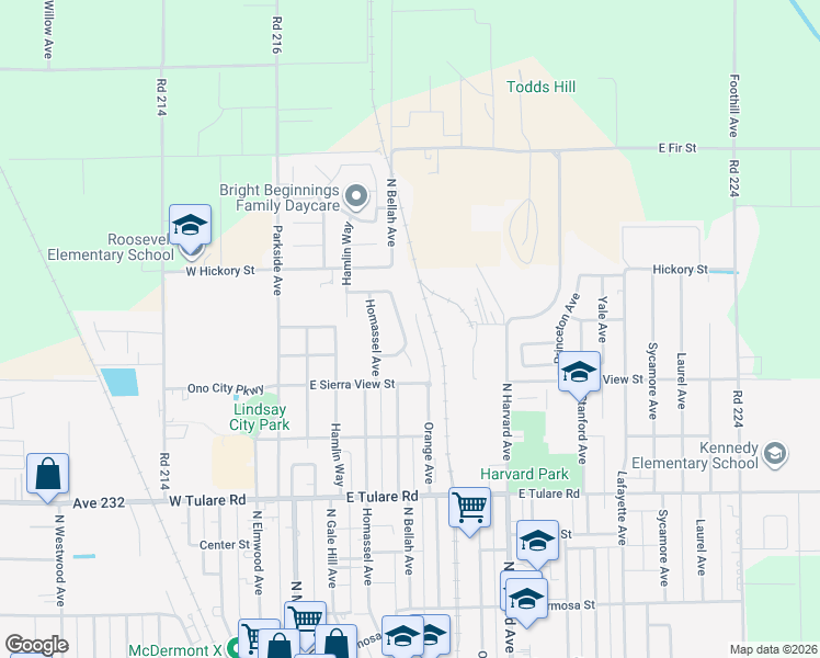 map of restaurants, bars, coffee shops, grocery stores, and more near 1018 Mountain View Drive in Lindsay