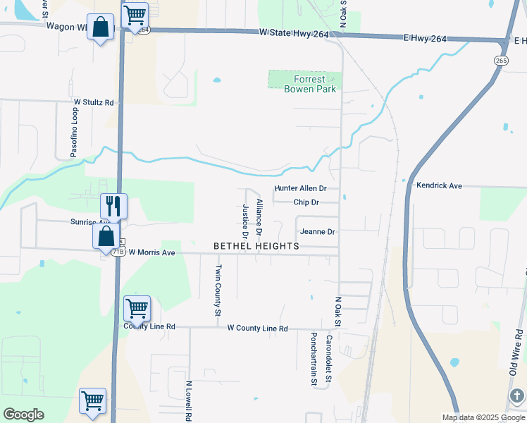 map of restaurants, bars, coffee shops, grocery stores, and more near 3507 Alliance Drive in Springdale