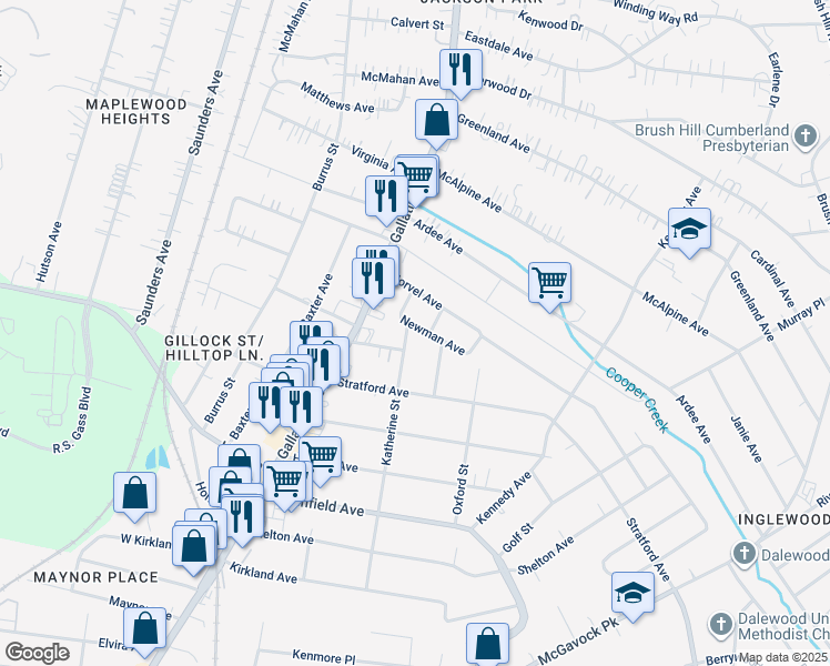 map of restaurants, bars, coffee shops, grocery stores, and more near 3822 Katherine Street in Nashville