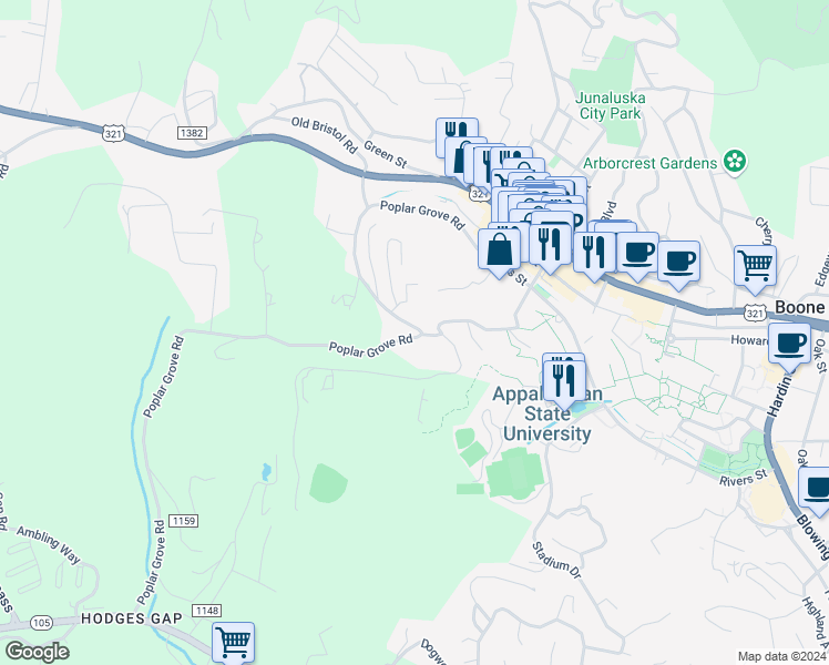 map of restaurants, bars, coffee shops, grocery stores, and more near 718 Poplar Grove Road in Boone