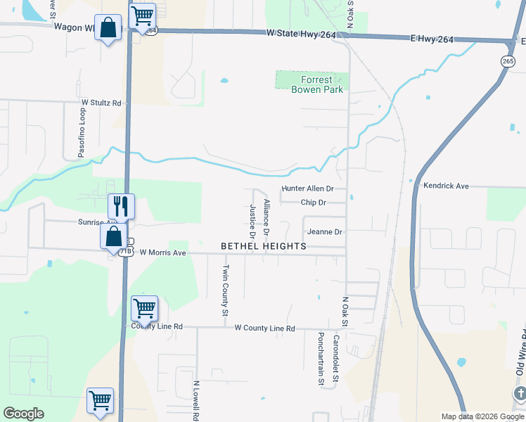 map of restaurants, bars, coffee shops, grocery stores, and more near 3522 Alliance Drive in Bethel Heights