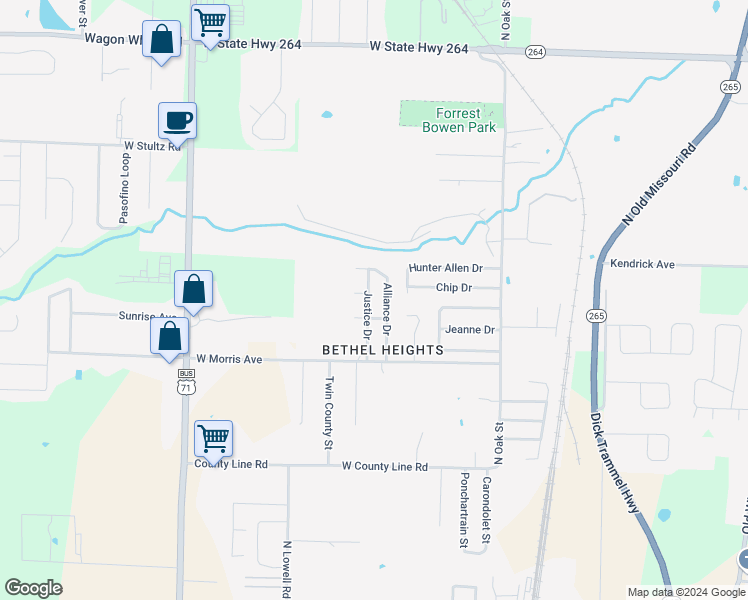 map of restaurants, bars, coffee shops, grocery stores, and more near 3521 Justice Drive in Bethel Heights