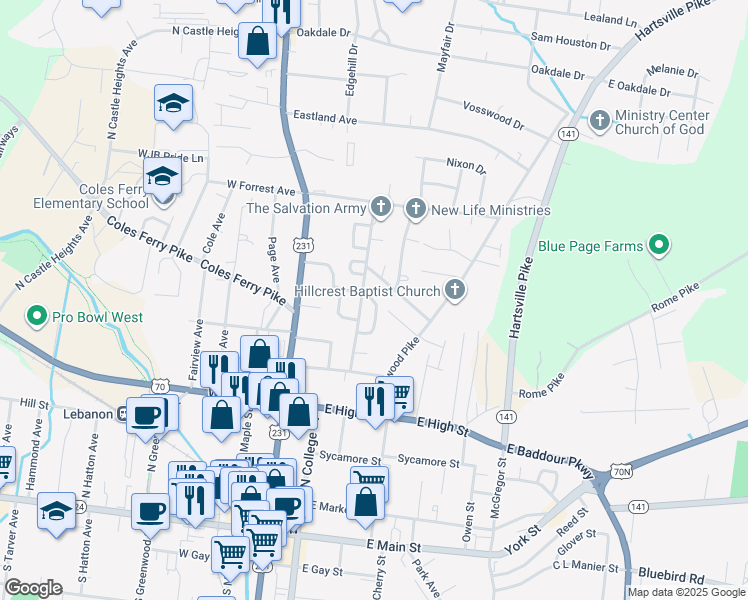 map of restaurants, bars, coffee shops, grocery stores, and more near 182 Upton Heights in Lebanon