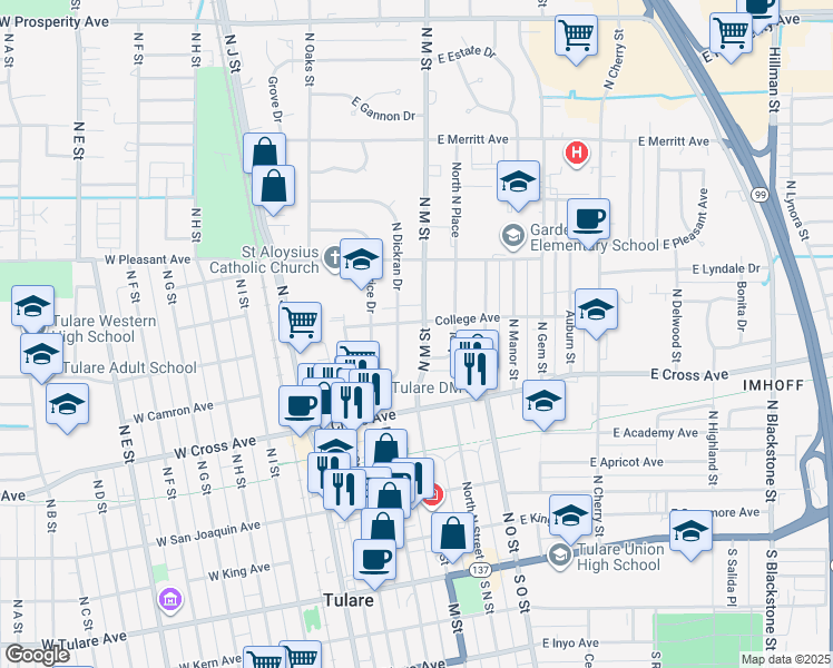 map of restaurants, bars, coffee shops, grocery stores, and more near 543 North M Street in Tulare
