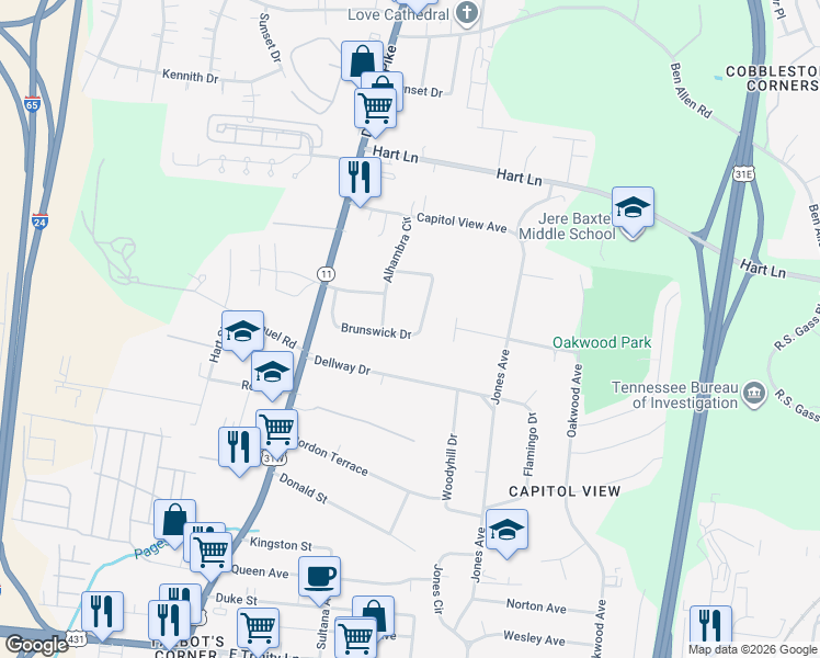 map of restaurants, bars, coffee shops, grocery stores, and more near 2817 Brunswick Dr in Nashville