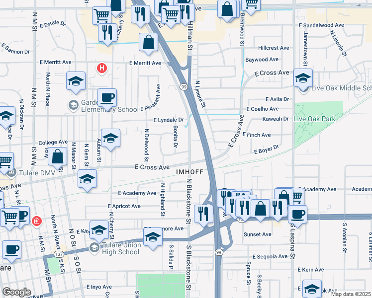 map of restaurants, bars, coffee shops, grocery stores, and more near 1080 Beverly Drive in Tulare