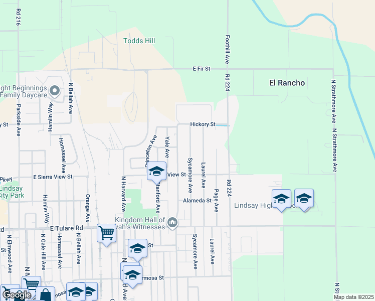 map of restaurants, bars, coffee shops, grocery stores, and more near 997 Sycamore Avenue in Lindsay