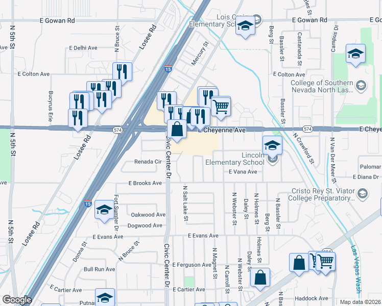 map of restaurants, bars, coffee shops, grocery stores, and more near 2200 Packard Place in North Las Vegas