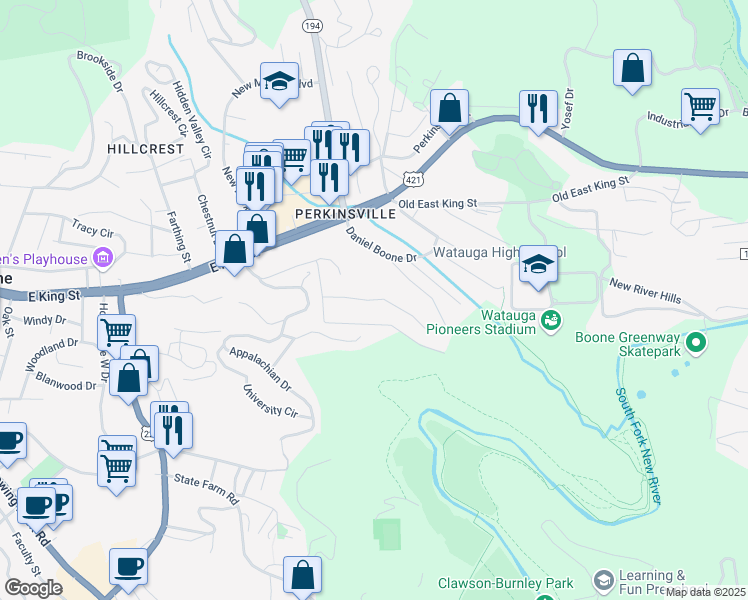 map of restaurants, bars, coffee shops, grocery stores, and more near Wildwood Lane in Boone