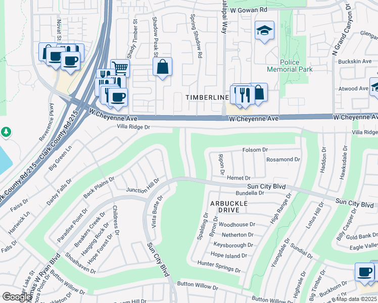 map of restaurants, bars, coffee shops, grocery stores, and more near 3032 Highland Falls Drive in Las Vegas