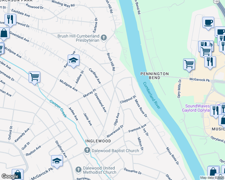 map of restaurants, bars, coffee shops, grocery stores, and more near 1506 Riverwood Drive in Nashville
