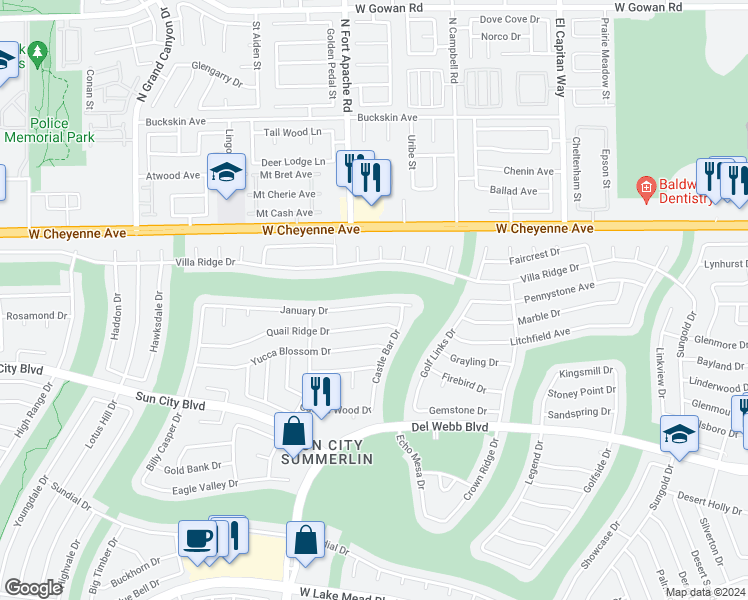 map of restaurants, bars, coffee shops, grocery stores, and more near 9240 January Drive in Las Vegas