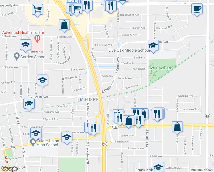 map of restaurants, bars, coffee shops, grocery stores, and more near 440 North Lynora Street in Tulare