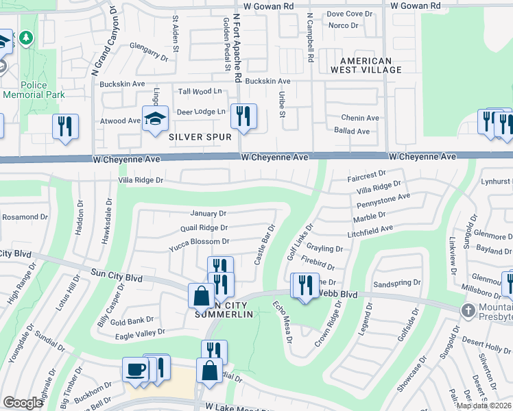 map of restaurants, bars, coffee shops, grocery stores, and more near 9240 January Drive in Las Vegas