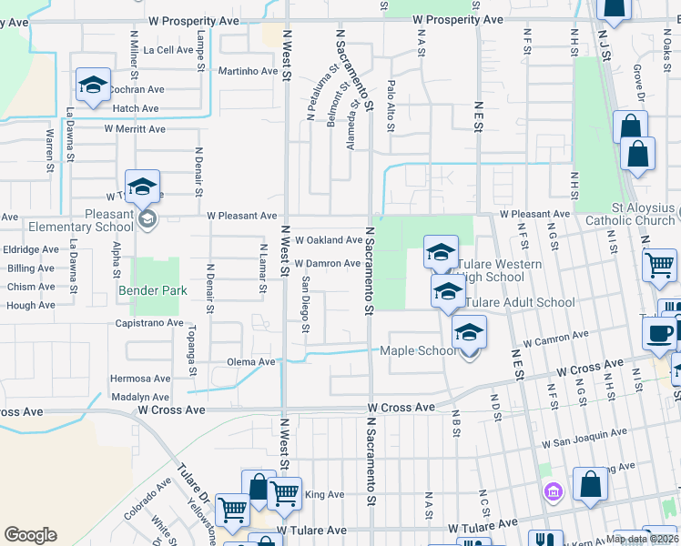 map of restaurants, bars, coffee shops, grocery stores, and more near 751 San Simeon Court in Tulare