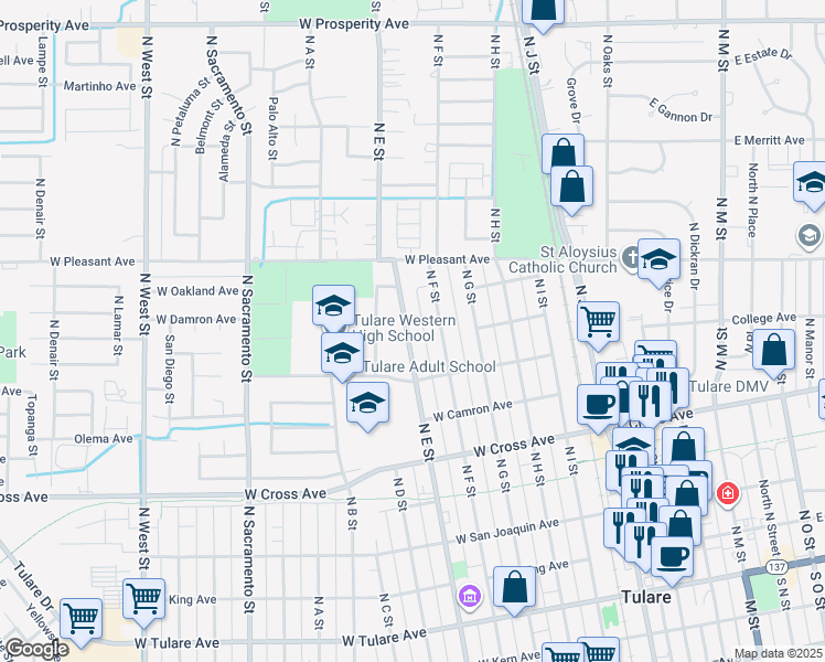 map of restaurants, bars, coffee shops, grocery stores, and more near 806 North E Street in Tulare