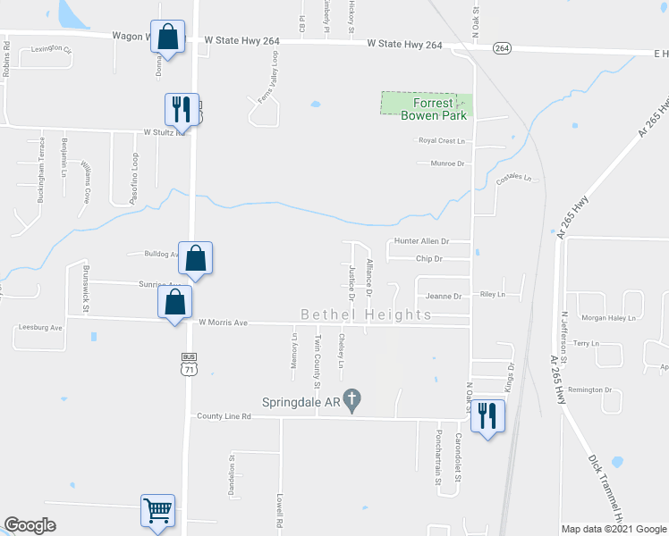map of restaurants, bars, coffee shops, grocery stores, and more near 279 Glory Lane in Bethel Heights