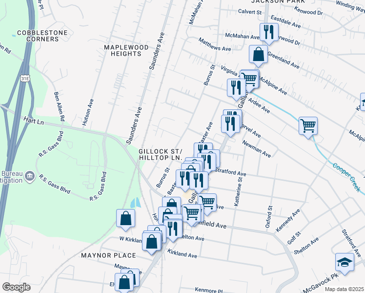 map of restaurants, bars, coffee shops, grocery stores, and more near 3814 Burrus Street in Nashville