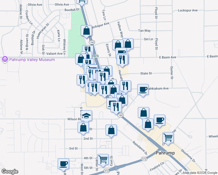 map of restaurants, bars, coffee shops, grocery stores, and more near 251 South Frontage Road in Pahrump
