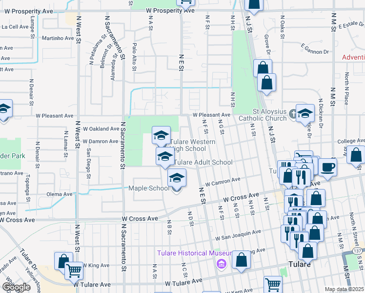 map of restaurants, bars, coffee shops, grocery stores, and more near 812 North D Street in Tulare