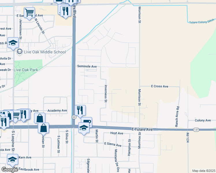 map of restaurants, bars, coffee shops, grocery stores, and more near 2697 Doral Court in Tulare