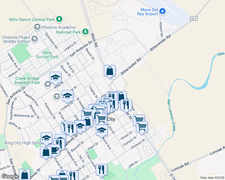 map of restaurants, bars, coffee shops, grocery stores, and more near 2 Ellis Street in King City