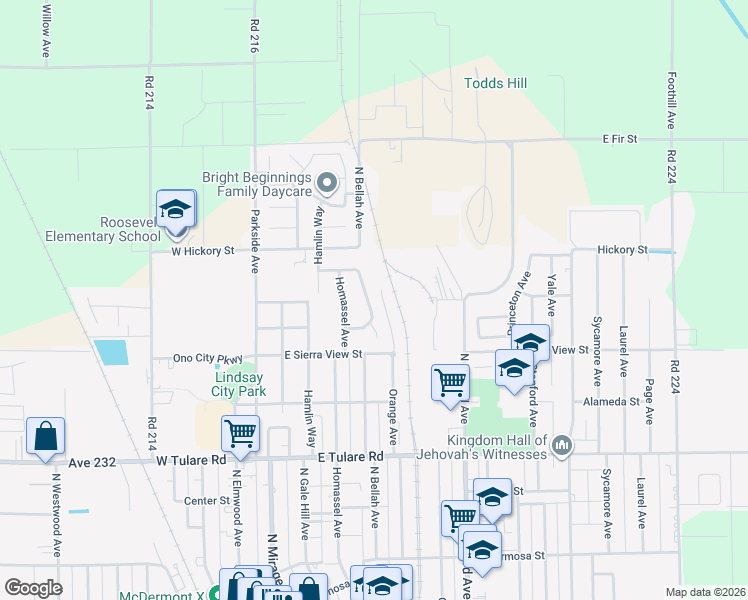 map of restaurants, bars, coffee shops, grocery stores, and more near 1018 Mountain View Drive in Lindsay
