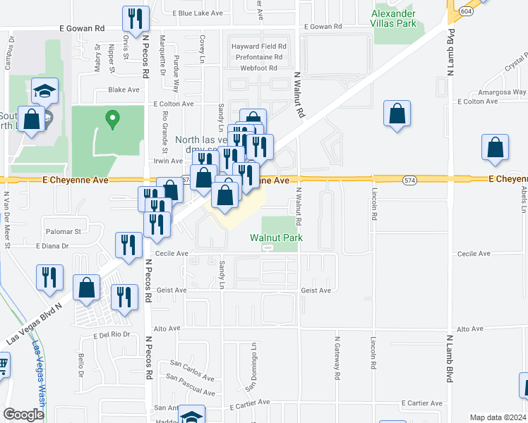 map of restaurants, bars, coffee shops, grocery stores, and more near 3127 North Walnut Road in Las Vegas