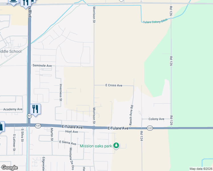 map of restaurants, bars, coffee shops, grocery stores, and more near 3231-3293 East Cross Avenue in Tulare