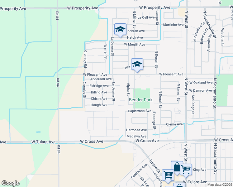 map of restaurants, bars, coffee shops, grocery stores, and more near 2043 West Pleasant Avenue in Tulare