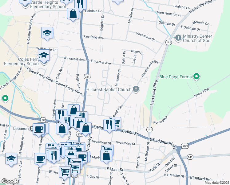 map of restaurants, bars, coffee shops, grocery stores, and more near 210 Burdock Street in Lebanon
