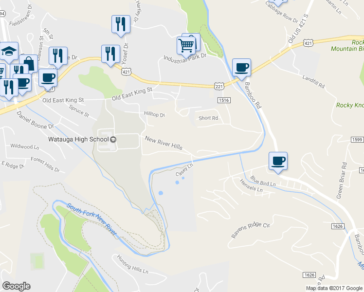 map of restaurants, bars, coffee shops, grocery stores, and more near 854 New River Hills in Boone