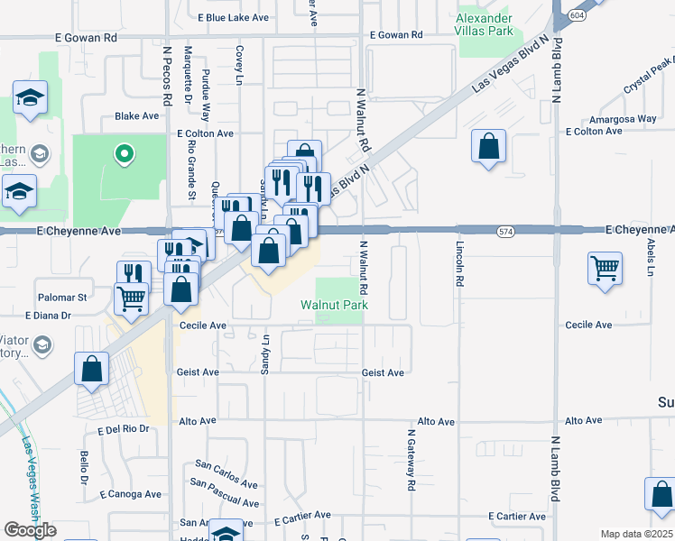 map of restaurants, bars, coffee shops, grocery stores, and more near 3117 North Walnut Road in Las Vegas