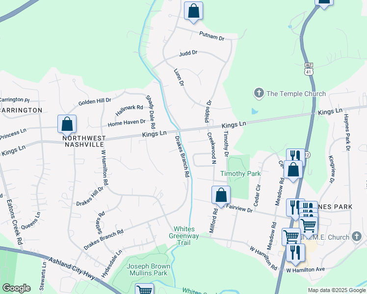 map of restaurants, bars, coffee shops, grocery stores, and more near 3733 Creekland Ct in Nashville