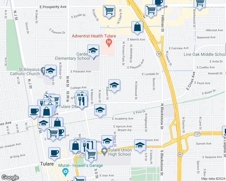 map of restaurants, bars, coffee shops, grocery stores, and more near 551 North Cherry Street in Tulare