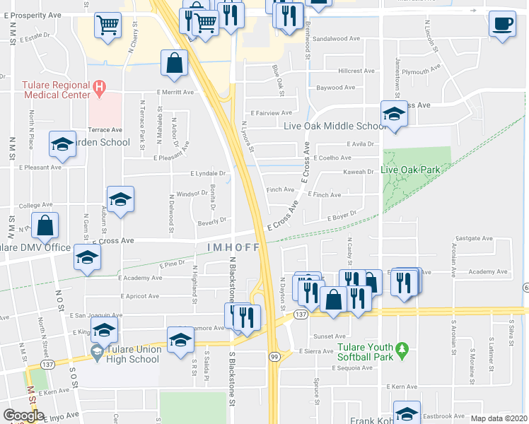 map of restaurants, bars, coffee shops, grocery stores, and more near 463 North Lynora Street in Tulare