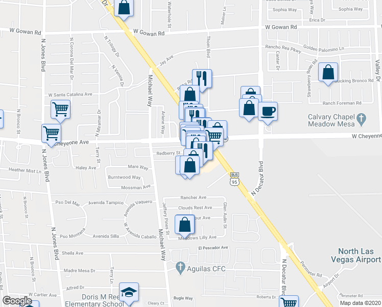 map of restaurants, bars, coffee shops, grocery stores, and more near 3149 North Rancho Drive in Las Vegas