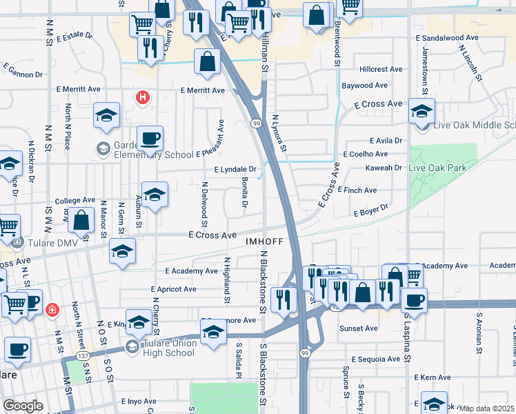 map of restaurants, bars, coffee shops, grocery stores, and more near 1080 Beverly Drive in Tulare