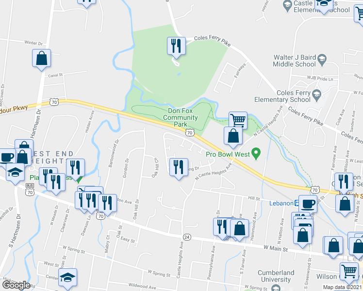 map of restaurants, bars, coffee shops, grocery stores, and more near Lucas Court in Lebanon
